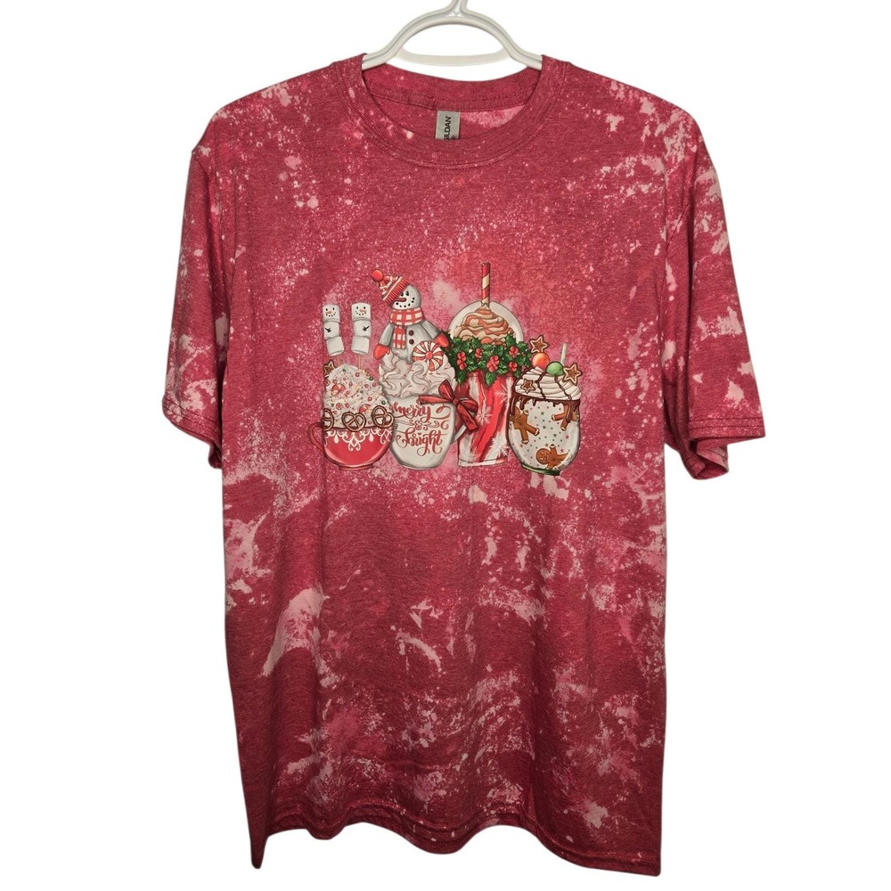 Christmas Cocoa Snowman Gingerbread‎ Gildan Softstyle Bleached Graphic T-Shirt L - Picture 3 of 9